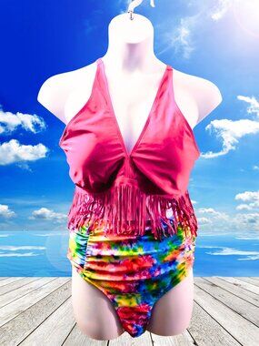 2XL Fringe Bikini Set Tie Dye High Waisted Plus Size Boho Festival Swimsuit